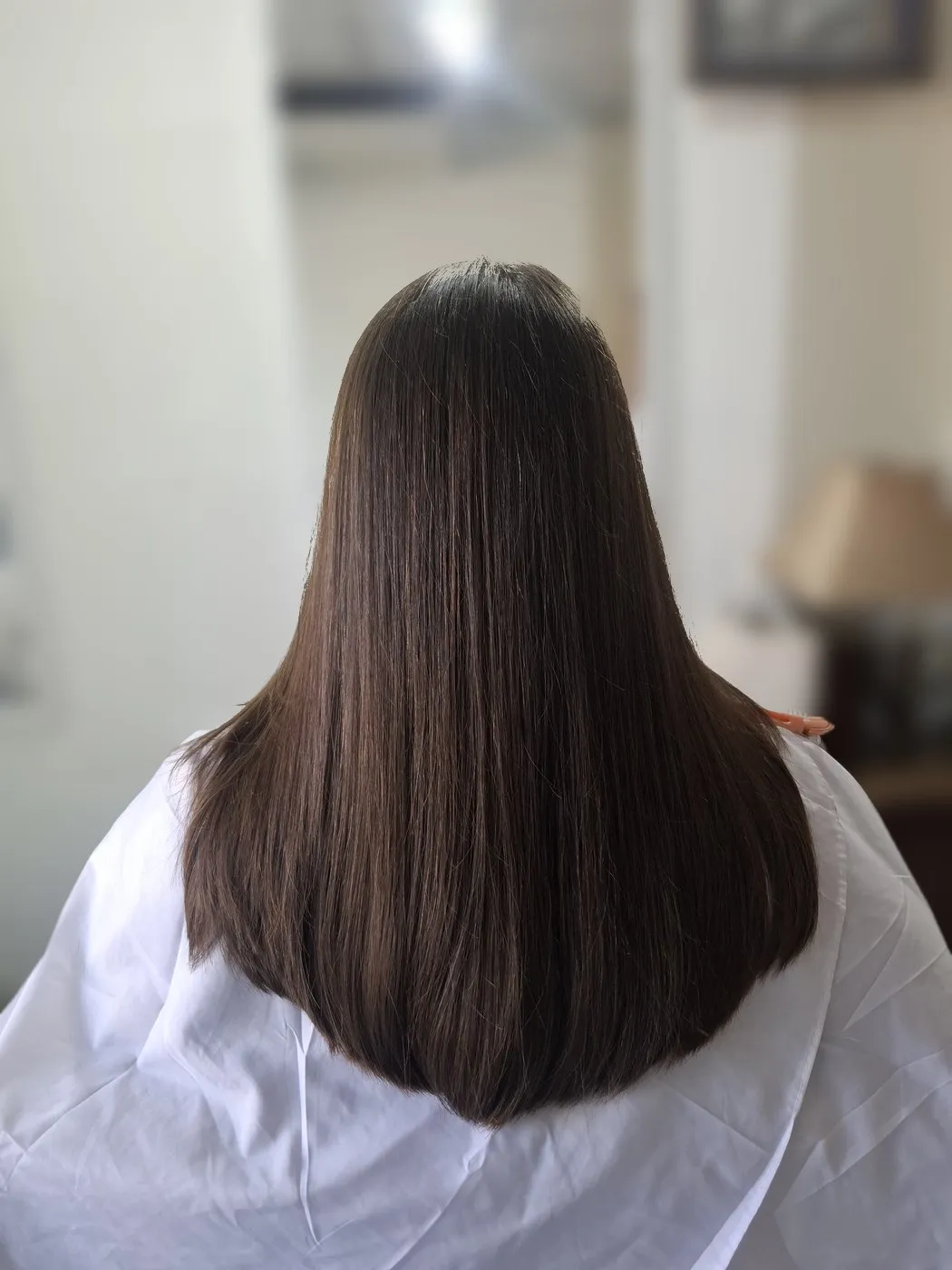 Straight brown hair, seen from behind
