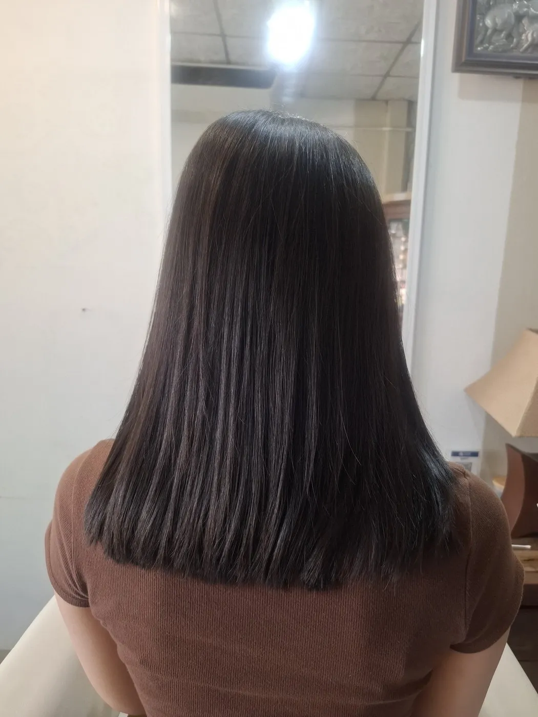 Shoulder-length straight dark hair, seen from behind